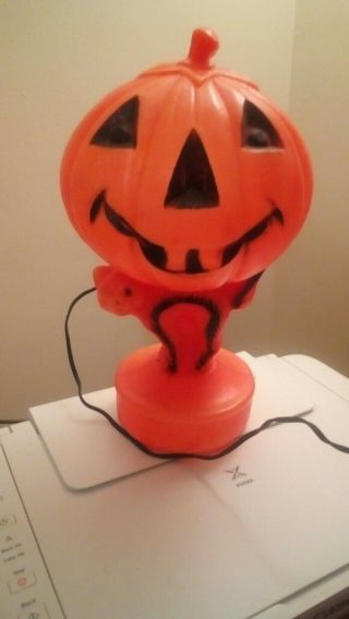 Vintage Halloween Blow Mold Jack - O - Lantern Pumpkin W Black Cat 14 " Lights Up
