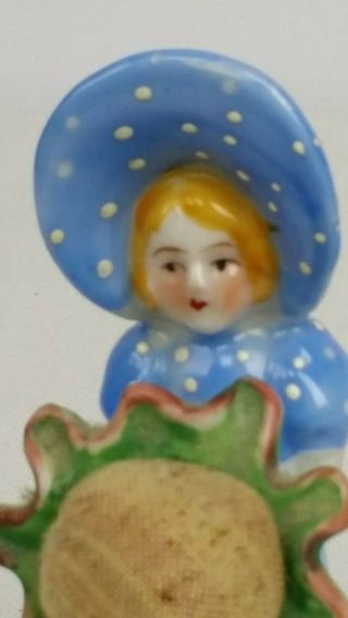 Vintage Porcelain Blue Polka Dot Sunbonnet Pin Cushion Doll Made in Japan 5