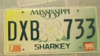 1999 Mississippi Dxb 733 Sharkey County License Plate