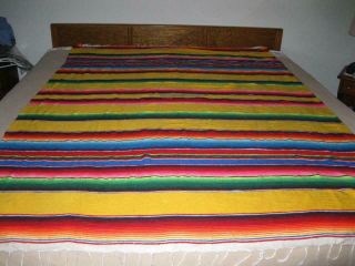 Vtg 58 " X 82 " Large Mexican Serape Blanket Wool ? Hand Woven Bright Multi Colors