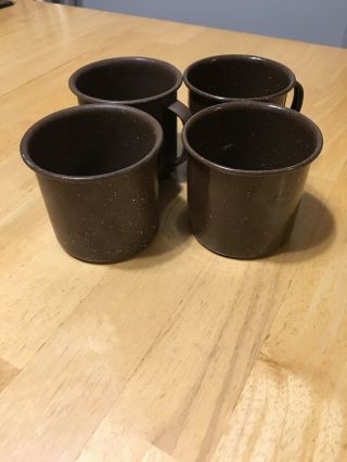 Set Of 4 Brown Speckled Granite Enamelware Coffee Tea Mugs Chips Camping