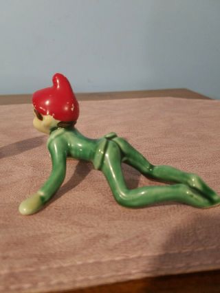 Figure: Ceramic Christmas Pixie,  Elf Crawling,  Green W/red Hat Japan,  Vtg