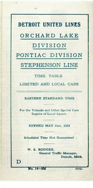 Detroit United Rys Interurban Passenger Time Table,  Stephenson Line,  May 21,  1923
