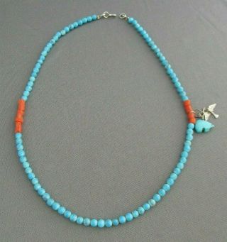 Vintage Old Pawn Sterling Turquoise Coral Zuni Bear Fetish Choker Necklace