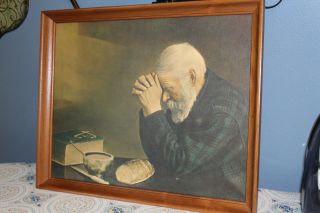 Vintage Old Man Praying Large Framed Picture Grace Daily Bread 18 " X 22 "