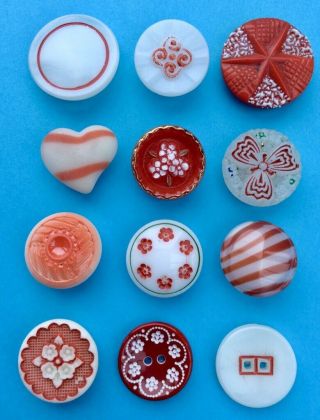 12 Vintage Red & White Enamelled Glass Buttons,  1920s To 1960s