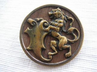 Vintage Large 1 - 1/2 " Metal Picture Button - Lion,  Shield Wood Background - M110