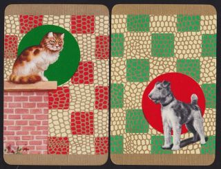 2 Single Vintage Swap/playing Cards Cat On Chimney,  Airedale Terrier Dog Gold