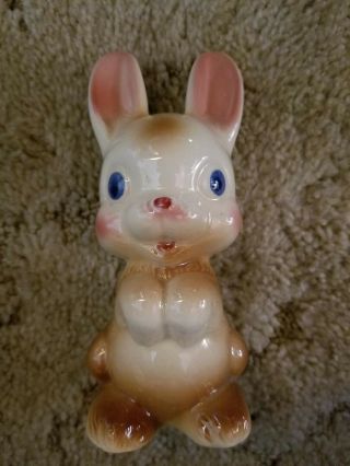 Vintage Shiny Glazed Ceramic Bunny Rabbit Figurine Blue Eyes Pink Cheeks Ears
