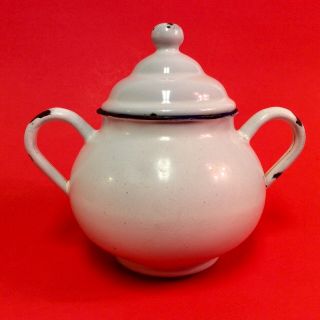 Vtg 1930 - 40’s Enamelware White Sugar Bowl With Handles And Lid