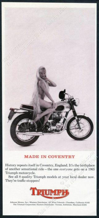 1965 Triumph Motorcycle Nude Woman Photo Lady Godiva Theme Vintage Print Ad