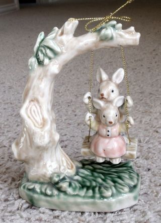 Charming Vintage Price Easter Bunnies On A Tree Swing 5 " High Porcelain Figurine