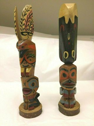 Vintage.  Native Indian Souvenir.  2 Totem Poles.  Hand Carved By Chief White Eagle