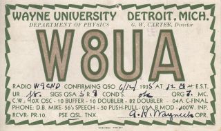 W8ua Qsl Card Detroit Mi Wayne University 1935