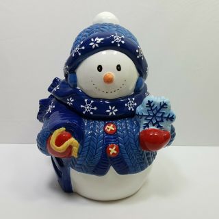 Bicco Large Snowman Winter Holiday Cookie Jar Blue Sweater Scarf Christmas