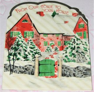 Vintage Christmas Greeting Card From Our House To Yours Brick House Die Cut