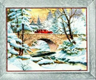 Old Car Stone Bridge Snow Stream Winter Glitter Vtg Christmas Greeting Card