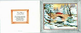 Old Car Stone Bridge Snow Stream Winter Glitter VTG Christmas Greeting Card 3