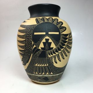 Vintage Native American Ute Pottery Signed N Lansing 1984 Black On Cream Falcon