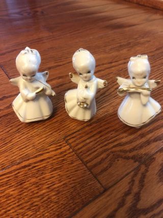 Vintage 3 White Gold Christmas Choir Angels Flute Horn Violin Ceramic Ornaments