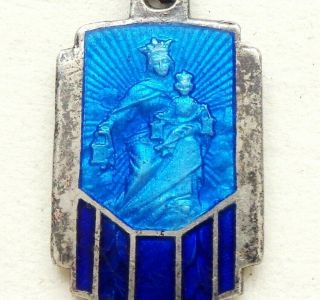 Our Lady Of Carmel & Sacred Heart Jesus - Antique Blue Enamel Medal Pendant