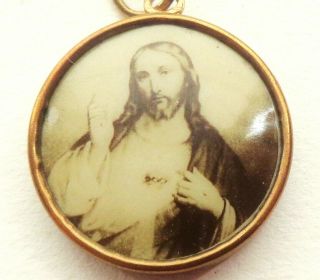 Gold & Sepia Picture Pendant Medal To The Sacred Heart Of Jesus & Holy Mary