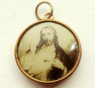 GOLD & SEPIA PICTURE PENDANT MEDAL TO THE SACRED HEART OF JESUS & HOLY MARY 2