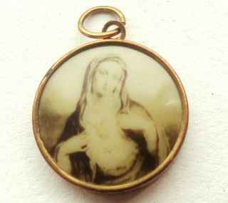 GOLD & SEPIA PICTURE PENDANT MEDAL TO THE SACRED HEART OF JESUS & HOLY MARY 4