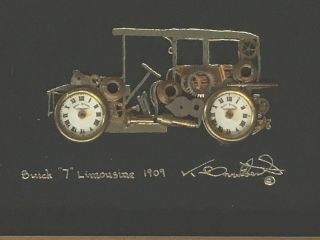 1909 Buick Limousine Ken Broadbent Framed Car Collage Hand W Clock & Watch Parts