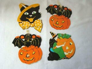 Vintage Set 4 Halloween Hanging Black Cat,  Pumpkin,  Bat & Witch Decorations