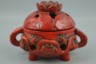 Old Decor Collect China Gift Coral Carve Lotus & Frog Rare Lucky Incense Burner