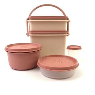 Vintage 5 Piece Tupperware Pink Picnic Set With Handle