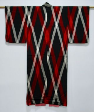 Japanese Silk Antique Kimono / Omeshi / Black & Red / Vintage Textile /183