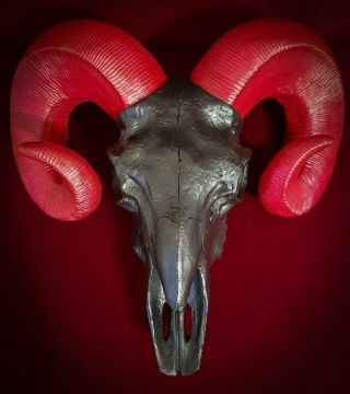 Ram Skull Wall Mount - Black Head With Red Horns Painted - Satanic Goat Head Resin