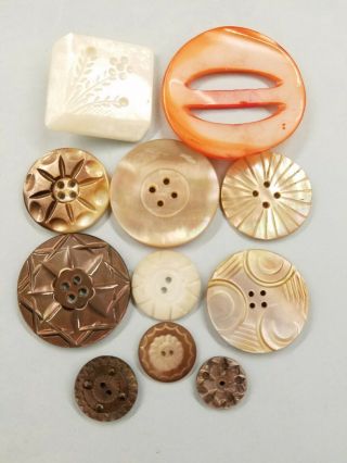 10 Vintage Mop Shell Buttons Carved,  Smoky,  Square