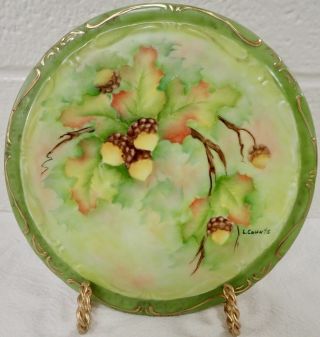 Rare Vintage Porcelain Trivet Plate Hand Painted Oak Leaves & Acorns L.  Counts