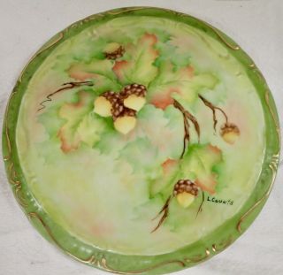Rare Vintage Porcelain Trivet Plate Hand Painted Oak Leaves & Acorns L.  Counts 2