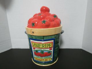 Cooks Club Tomato Basket Ceramic Cookie Jar Vineripe Tomatoes With Lid 12 " Tall