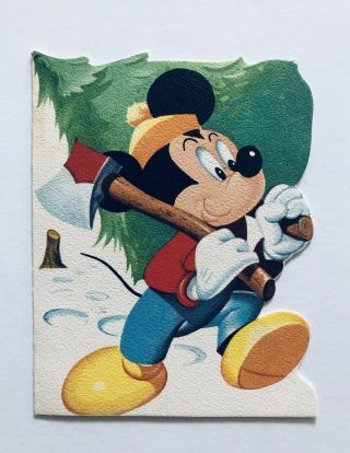 Vintage Whitman Die Cut Christmas Card Mickey Mouse Tree Ax Disney Snow Rare