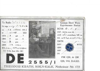 1935 De 2555/i Germany Swl Qsl Radio Card.  Bureau Stamp.  Station Photo