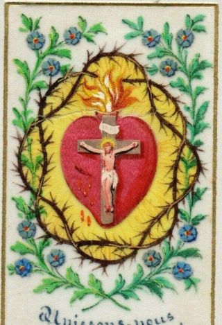 Antique 19th Cent.  Hand Painted & W/ Fabric Holy Card - Sacred Heart W/ Crucifix