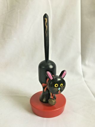 Halloween Black Cat Vintage Japan Wood Ring Holder W Bell