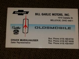 Vintage Business Card Bill Garlic Motors Inc.  Bellevue Ohio