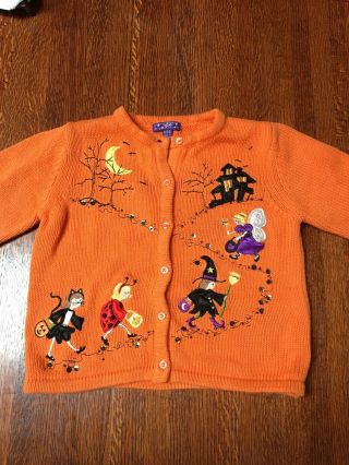Halloween Sweater Girls Cardigan Authentic Kids Size 5/6 Witch,  Orange Cute