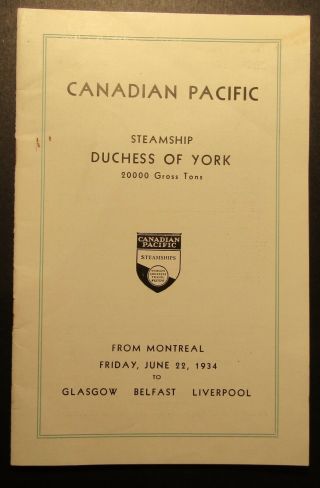 Vintage 1934 Canadian Pacific Duchess Of York Passenger List