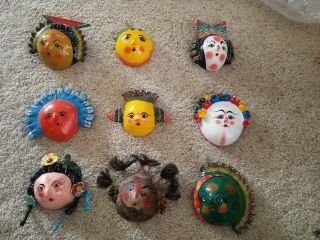 Set Of 9 Masks Coconut Shell Mexican Handmade Colorful Folk Art
