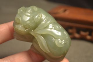 Chinese Vintage Hetian Jade Lucky Beast Pi Xiu Holding Ruyi Big Fortune Carving