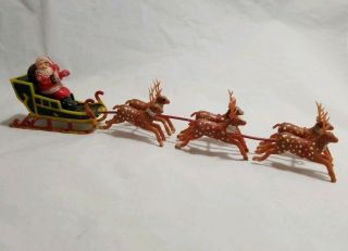Vintage Mid - Century Plastic Santa Claus In Sleigh With 6 Prancing Reindeer