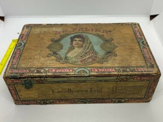 Vintage La Palina Excellente 5 Cent Cigar Box Wood Lithograph Embossed Labels