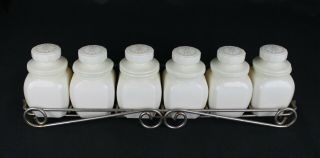 Vintage Antique White Milk Glass Apothecary Spice Jars & Metal Rack - Wheaton